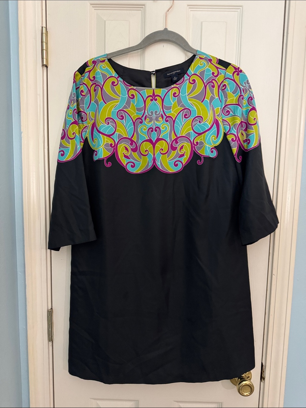 Banana Republic Black Tunic with Turquoise, Lime & Magenta Scroll Yoke